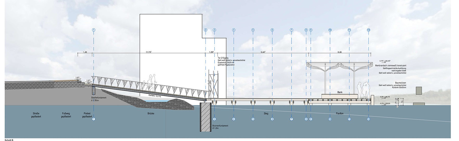 Eigene Planunterlage des Ingenieurbüros: Längsschnitt der Steganlage Hainer See über dem Wasser