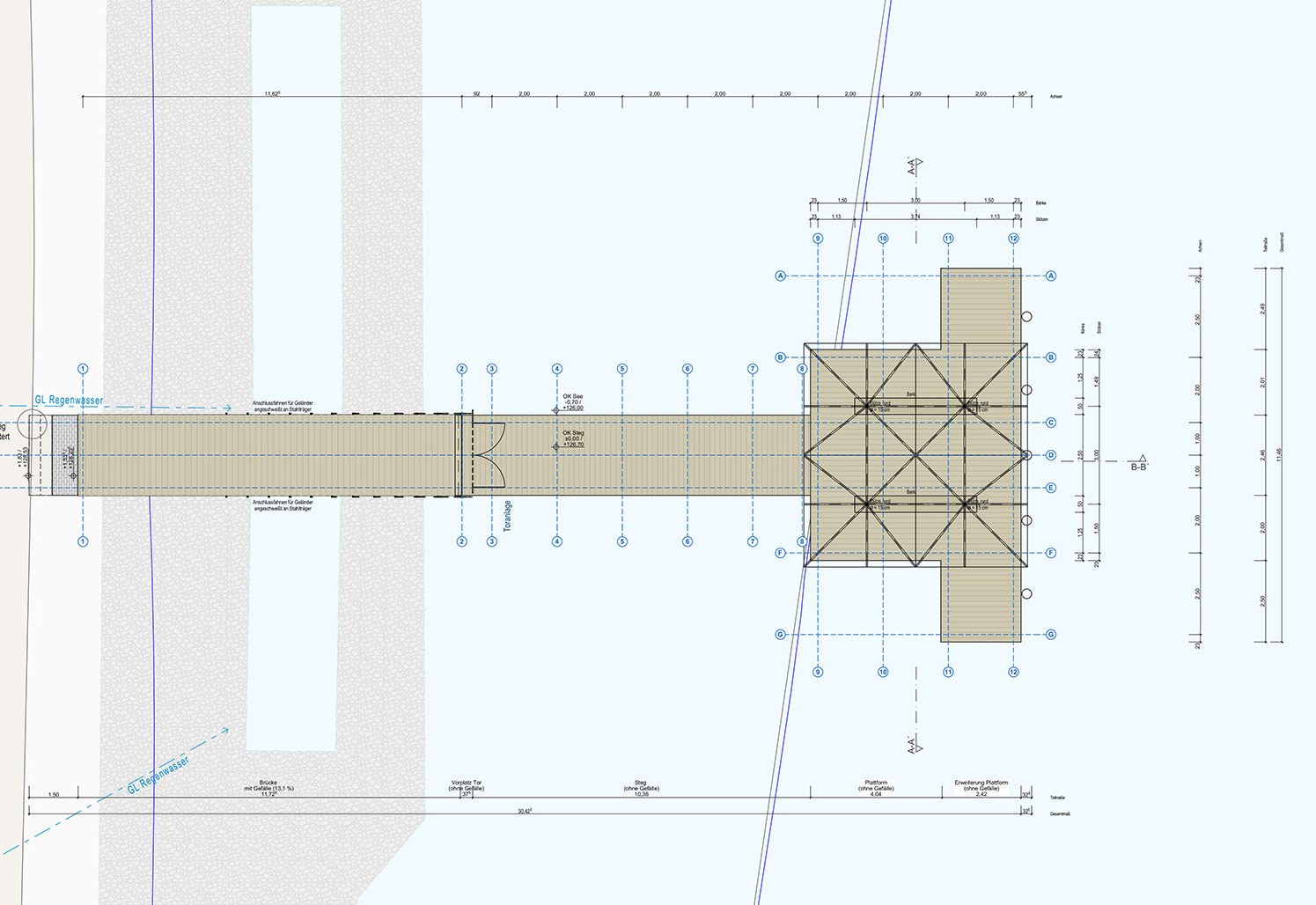 Eigene Planunterlage des Ingenieurbüros: Grundriss und Achsraster der Steganlage Hainer See mit Pavillon